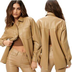 NWT Good American Faux Leather Split Back Shirt Women's 1 Small Warm Caramel Tan